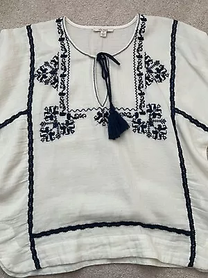 Ella Moss Mexican Style Tie Neck Top Ivory Blue Embroidery Sz XS • $18