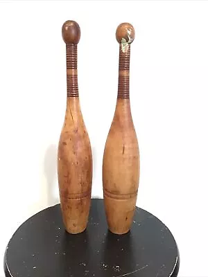 (2) Vintage Wood Juggling Pins / Exercise Clubs Circus Clown  15.5  Wooden • $124.95