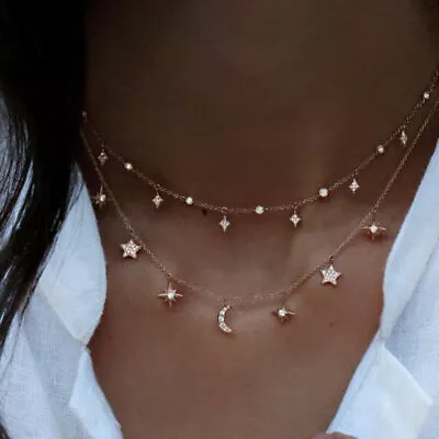 Fashion Star Moon Chain Multilayer Choker Necklace - Golden • $0.01