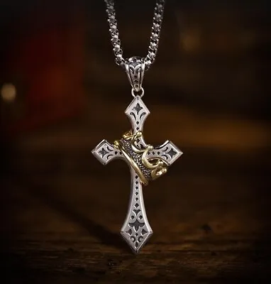 Cross Pendant Necklace Stainless Steel Crucifix Stainless Crown Ring Men Unisex • $3.98