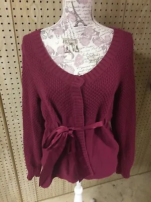 ELLE Women's Textured Maroon Button Ribbon Belt Long Sleeve Cardigan Sweater L • $6.95