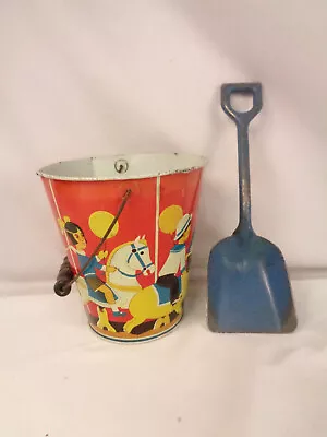 Vintage 1950's Wolverine Tin Litho 7.5  Sand Pail & 12  Pressed Steel Shovel • $36.99