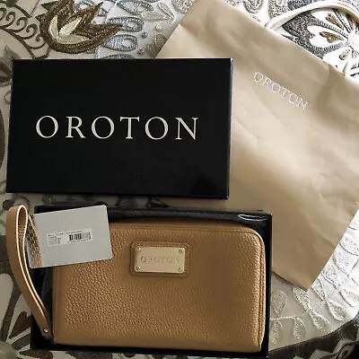 $120 • Buy OROTON Clutch Wallet Mystical Pebble Leather Caramel With Box And Carry Bag New