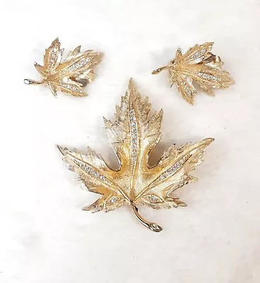 Vintage Avon Of Belleville (Boucher Mazer) Rhinestone Leaf Brooch Earrings Set • $120