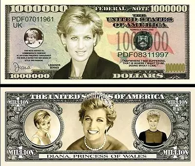 Princess Diana Million Dollar Bill Play Funny Money Novelty Note + FREE SLEEVE • $1.69