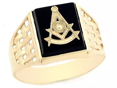 10k Or 14k Real Yellow Gold Past Master Freemason Masonic Onyx Mens Ring • $299.99