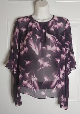 BCBGMaxaria Purple Sheer Chiffon Butterfly Sleeve Scoop Neck Blouse Top XXS • $6.69