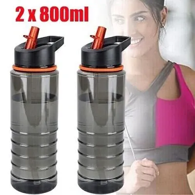 2x Sports Water Bottle Gym Travel 800ml Drinking Leakproof Bottle Straw BPA Free • £7.69