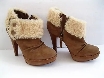 UGG Georgette Chestnut High Heels Suede Sheepskin Sherpa Ankle Booties Sz 8.5 • $52.99