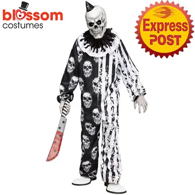 CA2899 Skeleton Clown Killer Scary Halloween Mens Circus Jester Costume + Mask • $79.85