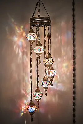 PLUG IN 7 Globe Turkish Mosaic Ceiling Hanging Swag Lamp Chandelier Light W PLUG • $189.80