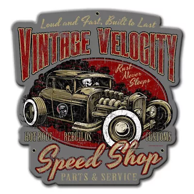 Vintage Velocity Speed Shop Hot Rod Car 16  Heavy Duty Usa Metal Home Decor Sign • $93
