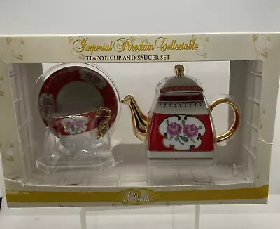 Classic Treasures Imperial Porcelain Mini Teapot Cup And Saucer Set Red & Gold • $12