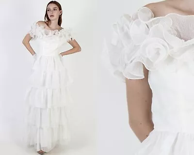 Vtg 70s White Tiered Sheer Chiffon Wedding Gown Layered Ruffle Avant Garde Dress • $149