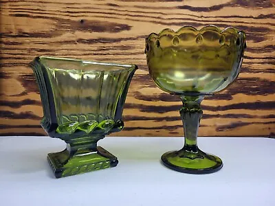 1 Green Glass Planter Fluted Footed Square Vintage 1 Pedestal Bowl Candy Dish  • $12.95