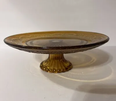 Vintage Duncan Miller Pedestal Cake Plate Amber Glass Ornate Stand • $28