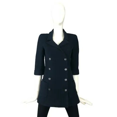 Auth Chanel CC Logo Button Little Navy Boucle Tweed Jacket Blazer Sz FR36 S US2 • £1499.99