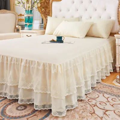 Lace Floral Ruffled Bed Skirt Sheet Retro Solid Bedspread Dust Ruffle Cover Soft • £34.21