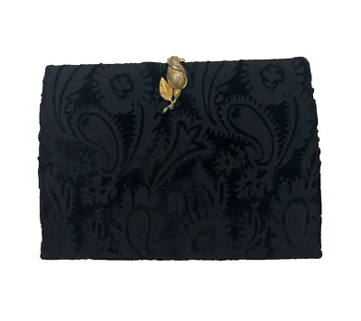 Vintage Beautiful KORET Black Velvet Paisley Print Clutch W/ Flower Clasp • $9.99