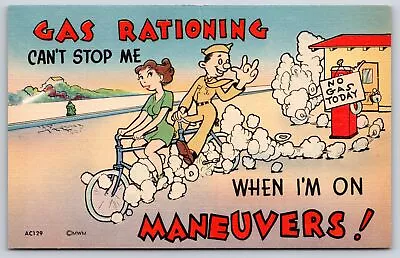 Military Comic~Woman In Soldier On Bike Gas Rationing~Vintage Postcard • $3.70