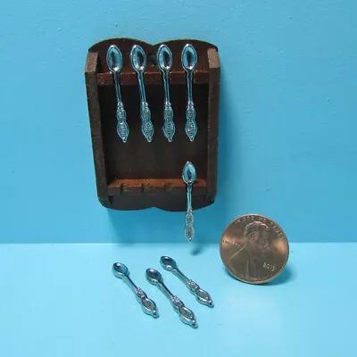 Dollhouse Miniature Wood Wall Spoon Holder With 8 Metal Spoons B0212 • $3.50