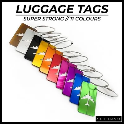 LUGGAGE TAGS Travel Suitcase ID Label Bag Holiday Plane Design Aluminium Metal • £1.99