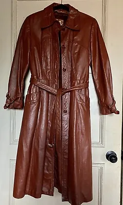 VINTAGE 70s Faux Leather Cognac Burgundy Fur Lined Trench Coat Jacket XS/ SMALL • $135