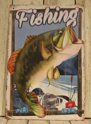 Fishing Tin Sign Rustic Vintage Style Man Cave Marina Dock Bait Shop Fish • $10.97
