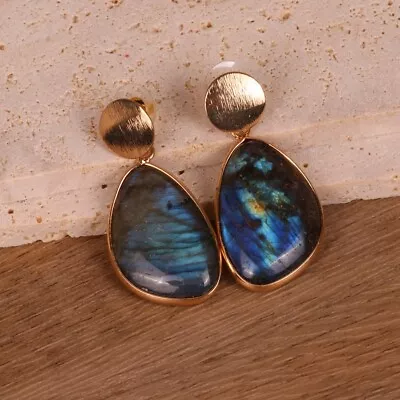 Natural Labradorite Gemstone Gold/Rhodium Plated Handmade Designer Earring New • $12.78