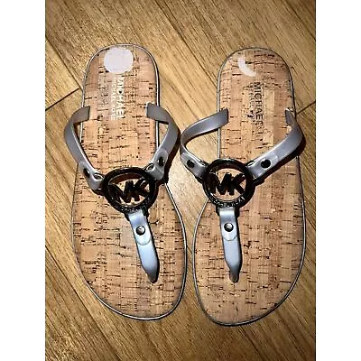 Michael Kors MK Logo Jelly Cork Thong Sandals Flip Flops Silver Size 6 • $35