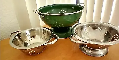 Vintage Lot Of 3 Enameled And Metal Colander Strainers Dark Green-Silver Tone • $25