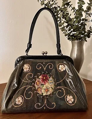 1950s Claire Fashions Floral Needlepoint Handbag 50s Black Purse Ladies Purse • $275