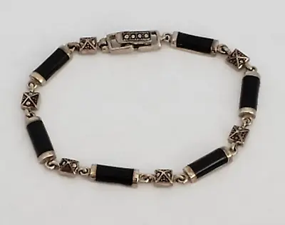 Vintage Sterling Silver Marcasite Onyx Link Bracelet • $14.21