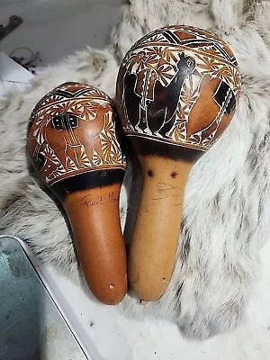 Vintage PERUVIAN MARACAS Gourds Percussion Shakers Rattles With Carved Alpaca • $25