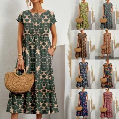 Womens Boho Floral Maxi Dress Ladies Short Sleeve Casual Loose Holiday Sundress • £12.45