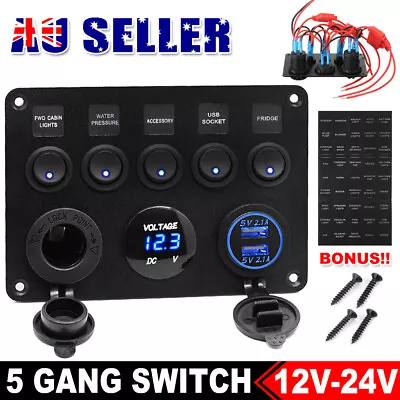$27.25 • Buy 5 Gang 12V Switch Panel ON-OFF Toggle 2 USB For Car Boat Marine RV Truck Camper