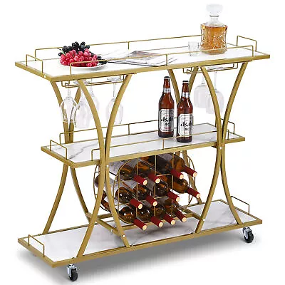 3 Tiers Home Bar Serving Gold Cart With Wheels Wine Rack Holder Vintage Bar Cart • $110.91