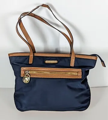 Michael Kors Kempton Medium Navy Nylon Brown Leather Trim Tote Shoulder Bag • $19.99