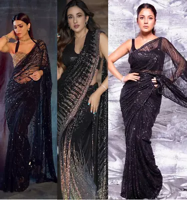 £29.99 • Buy Bollywood Party Sequence Designer Silk Saree Indian Sequin Embroidery Black Sari