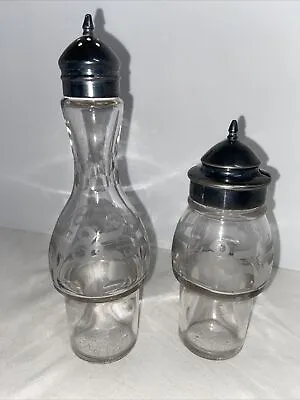 Vintage Cruet Set Of 2 Cut Glass With Silver Plated Tops • $26