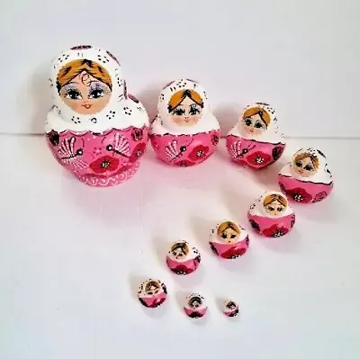 Russian Babushka Nesting Dolls Matryostraka Complete Set Of 10 Pink & White • $38.99