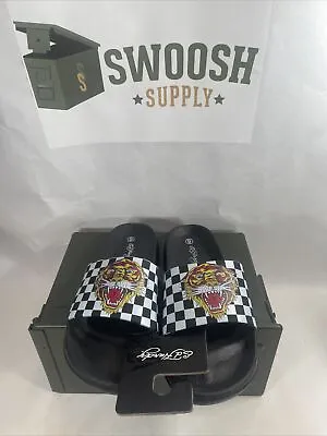 Ed Hardy Womens Black White Checkered Tiger Slides Sandals Rare • $49.99