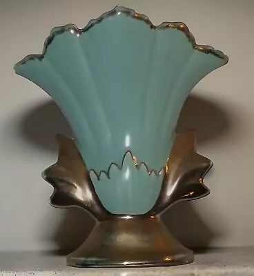 Vintage-ART DECO Sea Green FAN VASE W/Gold Gild Accents Ceramic 6  • $14.99