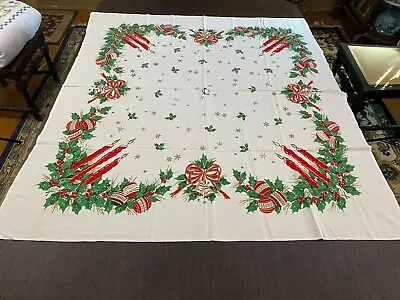 $9.99 • Buy Vintage Printed Linen Cotton Tablecloth Christmas Holiday Candles 50  X 45 