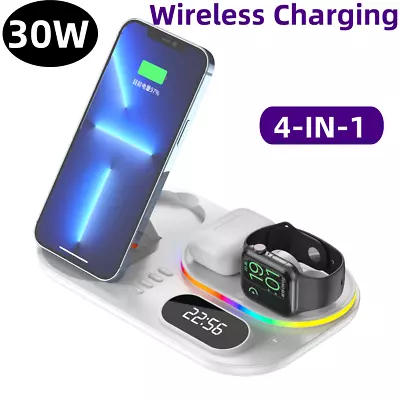 4 In 1 Wireless Charging Station With Alarm Clock For IPhone Apple Watch AirPod • $40.99