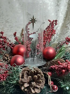 $19.99 • Buy VINTAGE Christmas Centerpiece Glass Chimney Iron Candle Holder & Table Wreath 