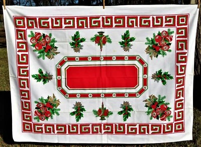$29.95 • Buy Vintage Christmas Tablecloth 1950s MCM Greek Key Design Holly Berries 68 X102 