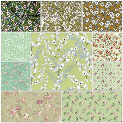 Rose & Hubble Green Sage Meadow Floral Fabrics 100% Cotton Poplin Half Metre FQ • £4.75