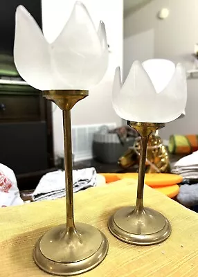 2 Vintage Brass And Frosted Glass Tulip Shape Votive Candle Holders • $12