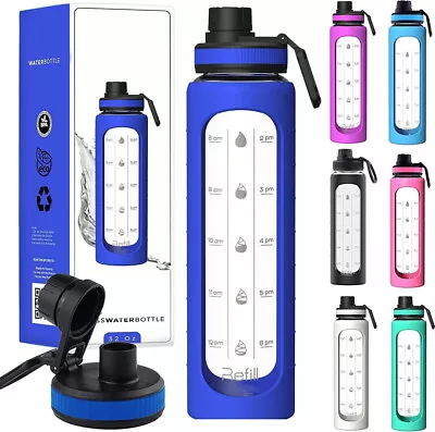 Water Bottle 1L Motivational Drink Flask With Time Markings BPA Free Sport Gym • $10.89